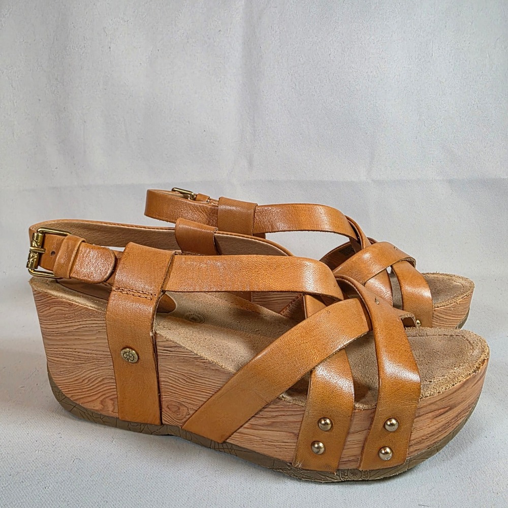 Bussola Formentera Cross Strap Wedge Tan Leather Womens 38 Platform Sandal Boho